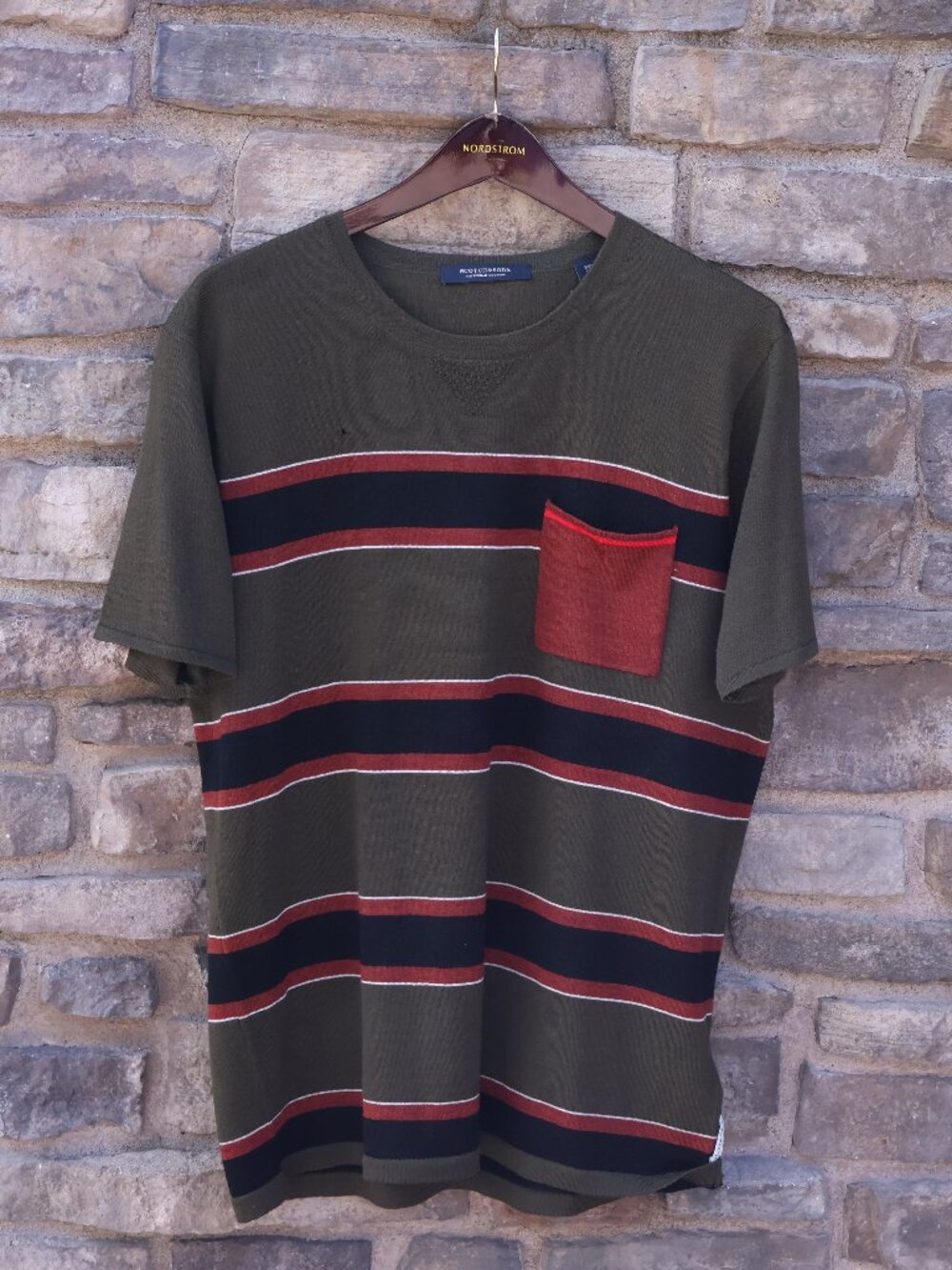 Scotch & Soda Men’s Olive Striped Knit Pocket T-Shirt XL Merino Wool Cotton